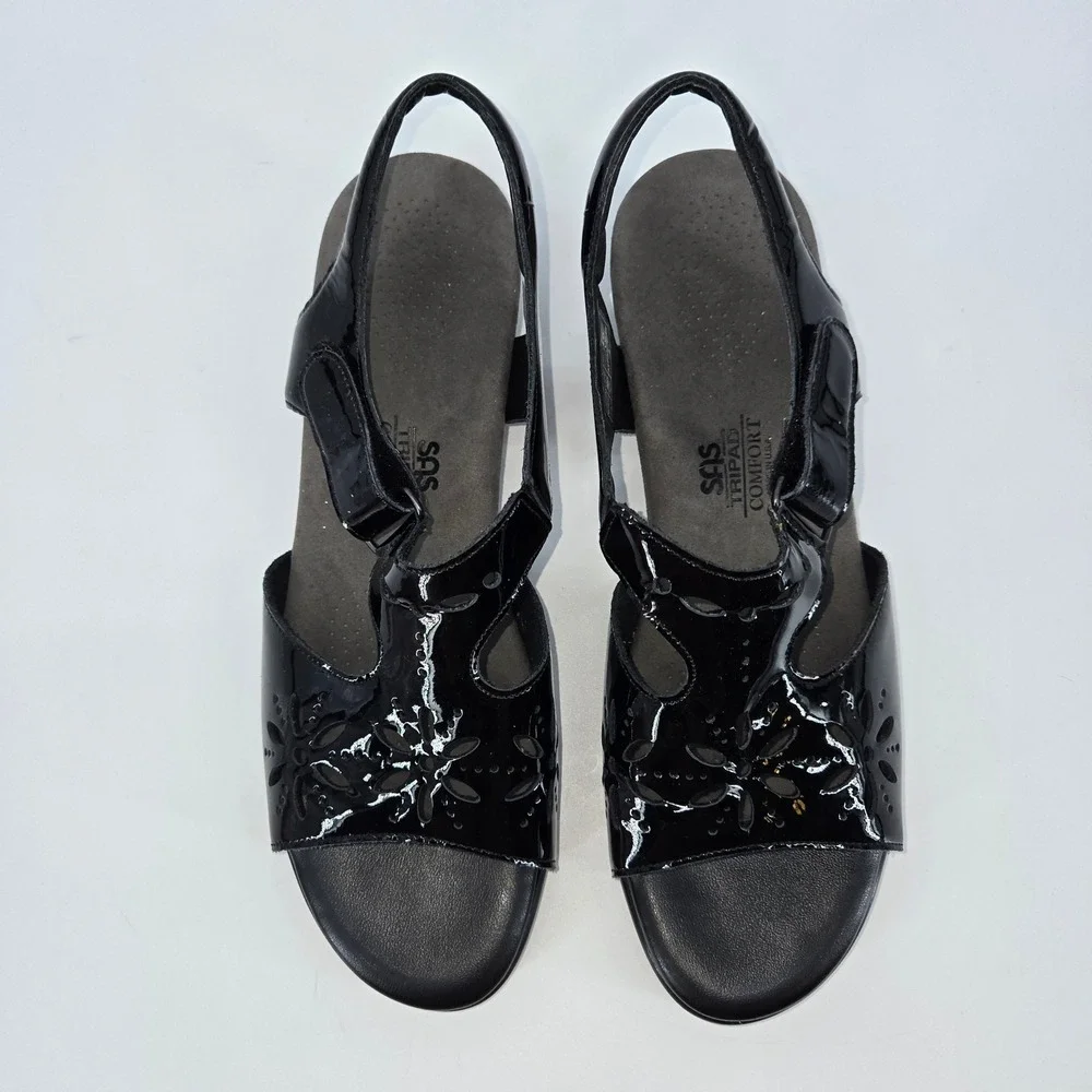 SAS Sunburst Tripad‎ Comfort Black Patent Leather Cutout Sandal Low Heel 10 W